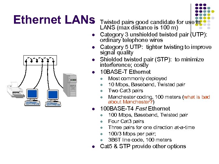 Ethernet LANs Twisted pairs good candidate for use in LANS (max distance is 100