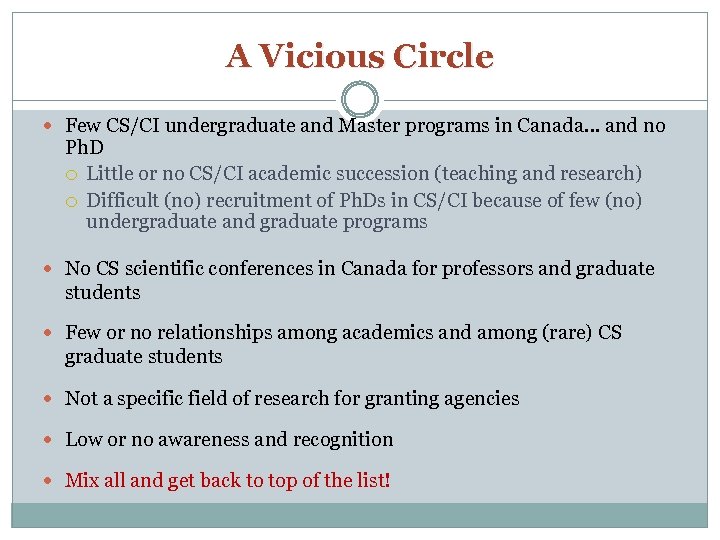 A Vicious Circle Few CS/CI undergraduate and Master programs in Canada… and no Ph.