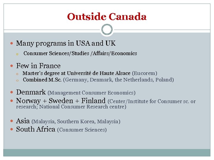 Outside Canada Many programs in USA and UK Consumer Sciences/Studies /Affairs/Economics Few in France