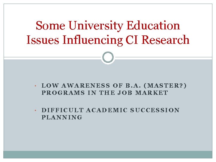 Some University Education Issues Influencing CI Research • LOW AWARENESS OF B. A. (MASTER?