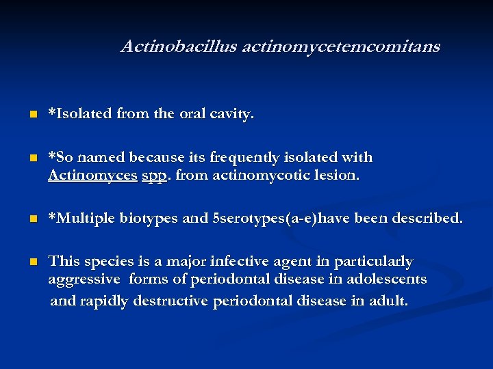 Actinobacillus actinomycetemcomitans n *Isolated from the oral cavity. n *So named because its frequently