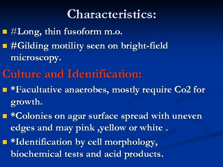 Characteristics: #Long, thin fusoform m. o. n #Gilding motility seen on bright-field microscopy. n