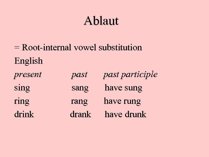 Ablaut = Root-internal vowel substitution English present past participle sing sang have sung ring