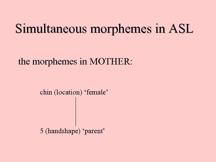 Simultaneous morphemes in ASL the morphemes in MOTHER: chin (location) ‘female’ 5 (handshape) ‘parent’