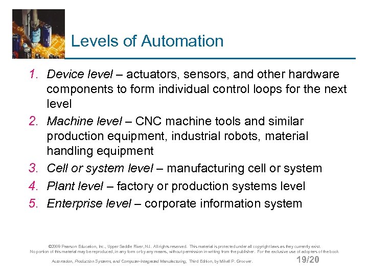 Levels of Automation 1. Device level – actuators, sensors, and other hardware components to