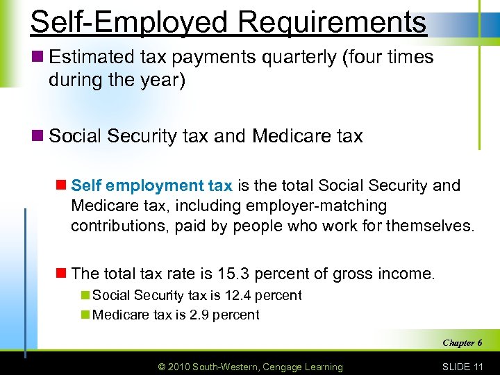 Self-Employed Requirements n Estimated tax payments quarterly (four times during the year) n Social