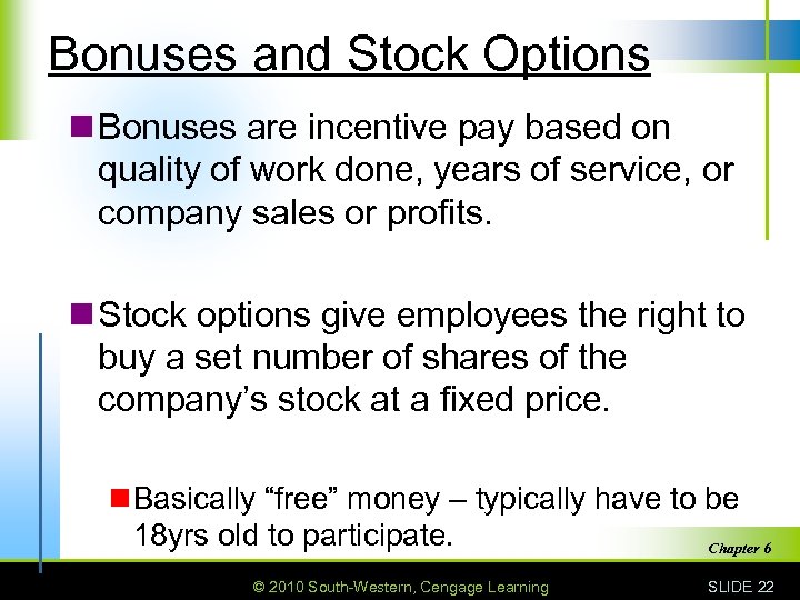 Bonuses and Stock Options n Bonuses are incentive pay based on quality of work