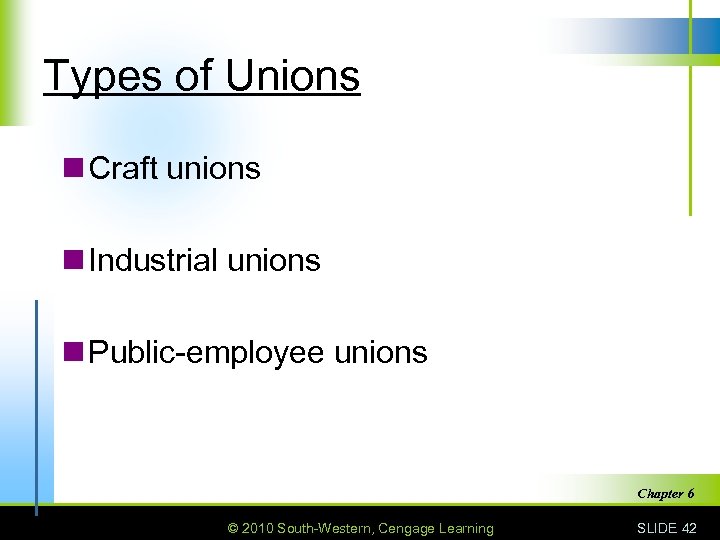 Types of Unions n Craft unions n Industrial unions n Public-employee unions Chapter 6