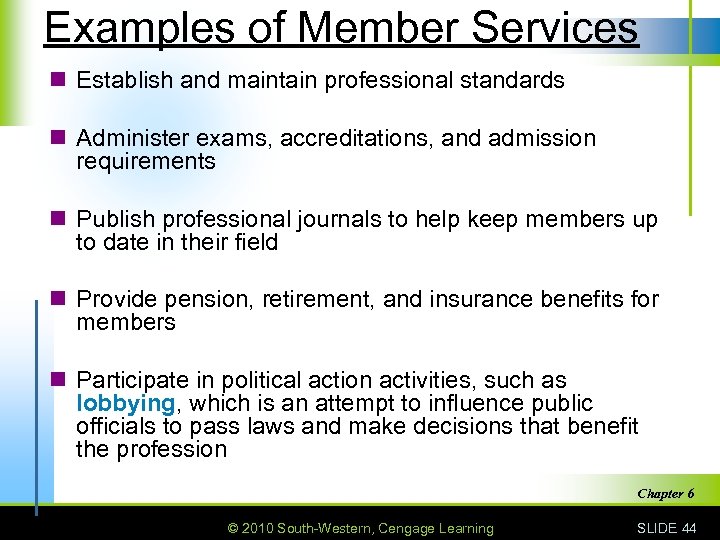 Examples of Member Services n Establish and maintain professional standards n Administer exams, accreditations,