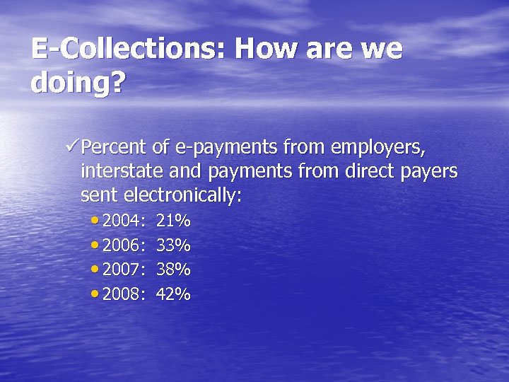 E-Collections: How are we doing? üPercent of e-payments from employers, interstate and payments from