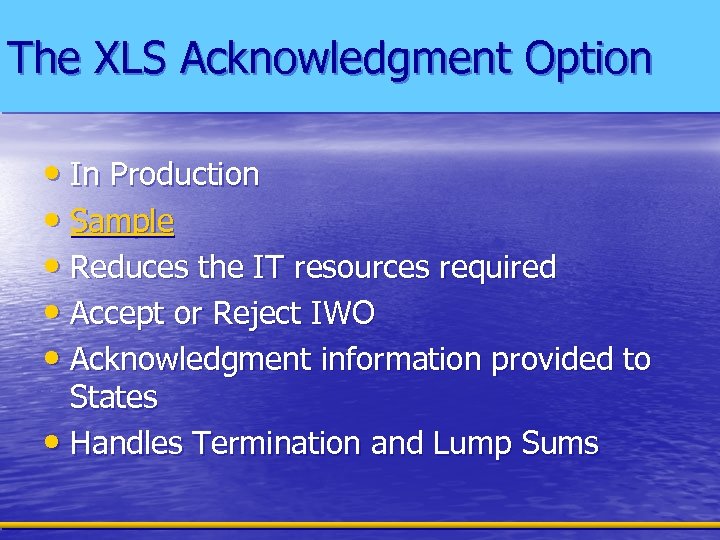 The XLS Acknowledgment Option • In Production • Sample • Reduces the IT resources