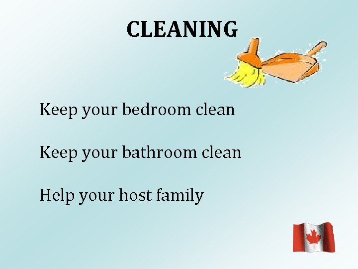 CLEANING Keep your bedroom clean Keep your bathroom clean Help your host family 