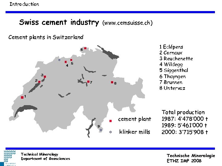 Introduction Swiss cement industry (www. cemsuisse. ch) Cement plants in Switzerland 1 Eclépens 2