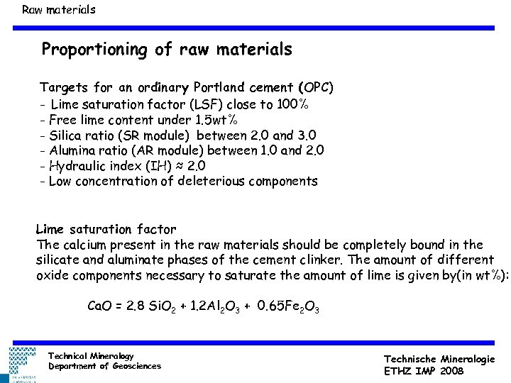 Raw materials Proportioning of raw materials Targets for an ordinary Portland cement (OPC) -