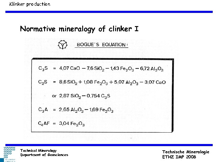 Klinker production Normative mineralogy of clinker I Technical Mineralogy Department of Geosciences Technische Mineralogie