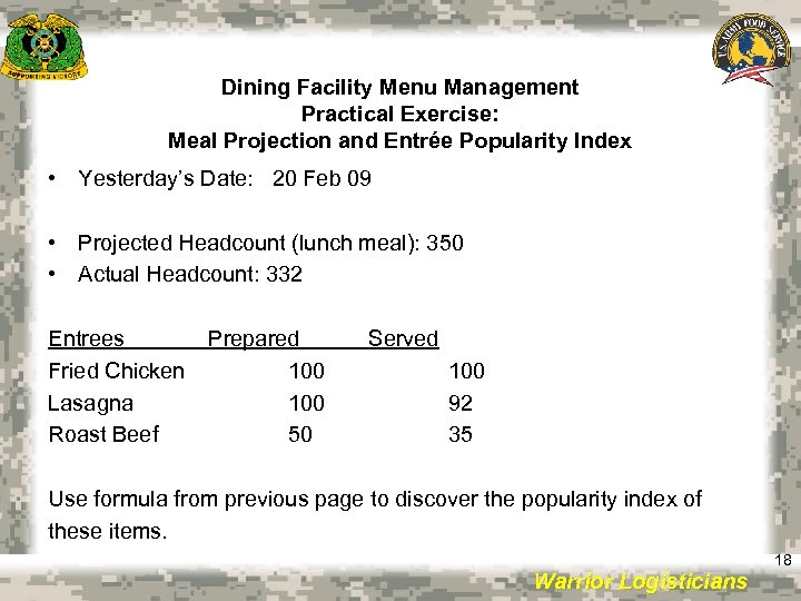 Dining Facility Menu Management Practical Exercise: Meal Projection and Entrée Popularity Index • Yesterday’s