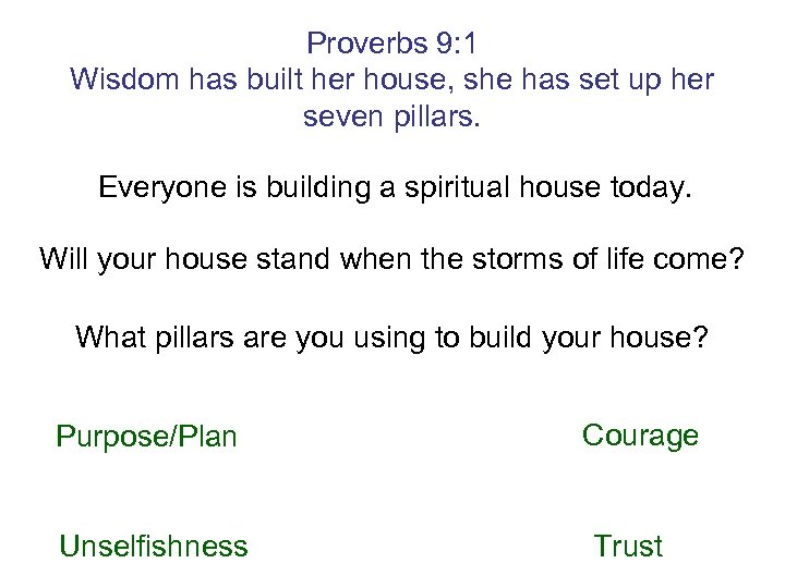 Proverbs 9: 1 Wisdom has built her house, she has set up her seven