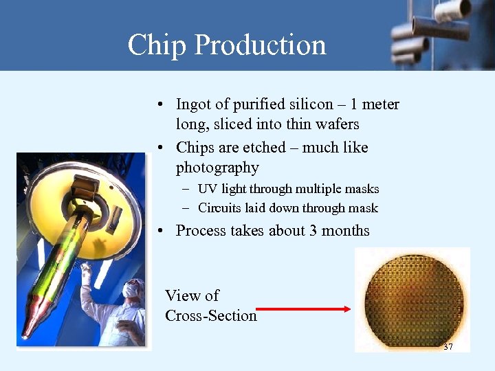 Chip Production • Ingot of purified silicon – 1 meter long, sliced into thin