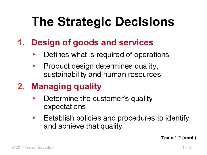The Strategic Decisions 1. Design of goods and services ▶ Defines what is required
