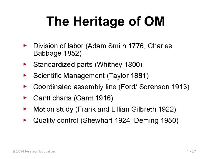 The Heritage of OM ▶ Division of labor (Adam Smith 1776; Charles Babbage 1852)