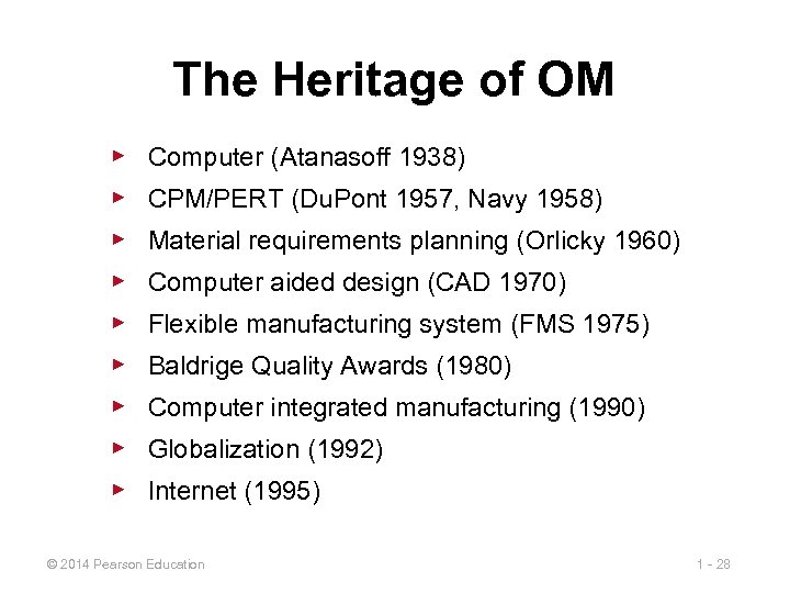 The Heritage of OM ▶ Computer (Atanasoff 1938) ▶ CPM/PERT (Du. Pont 1957, Navy