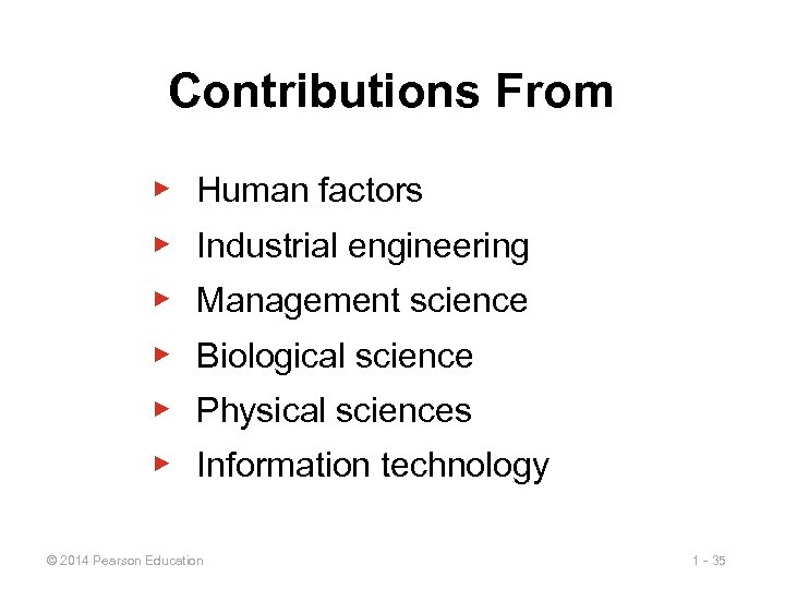 Contributions From ▶ Human factors ▶ Industrial engineering ▶ Management science ▶ Biological science