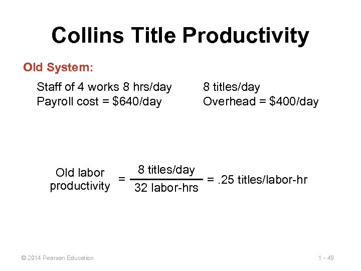 Collins Title Productivity Old System: Staff of 4 works 8 hrs/day Payroll cost =