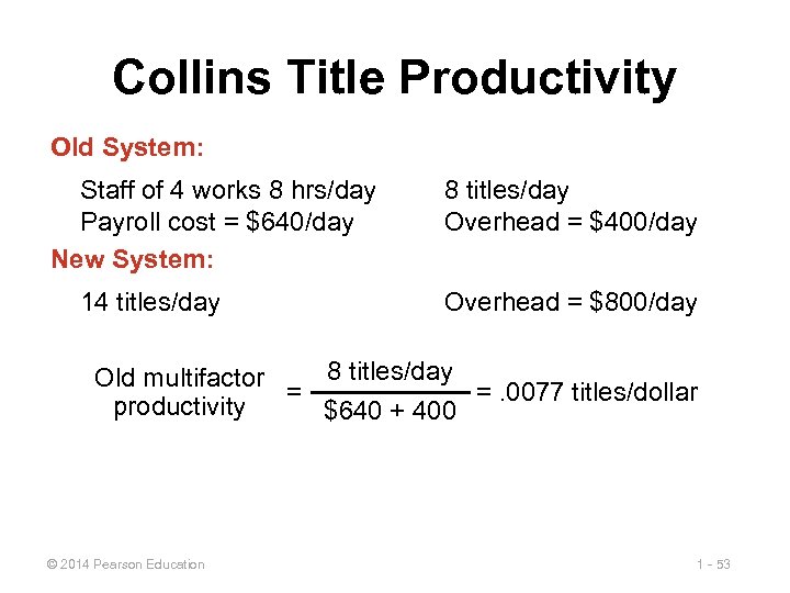 Collins Title Productivity Old System: Staff of 4 works 8 hrs/day Payroll cost =