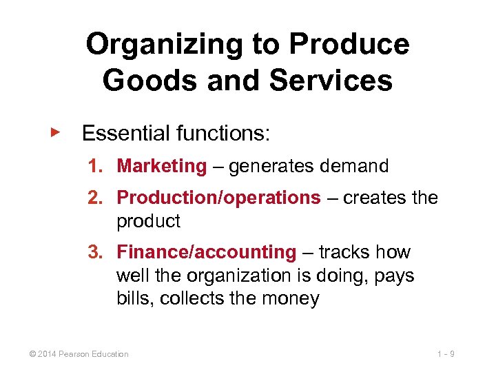 Organizing to Produce Goods and Services ▶ Essential functions: 1. Marketing – generates demand
