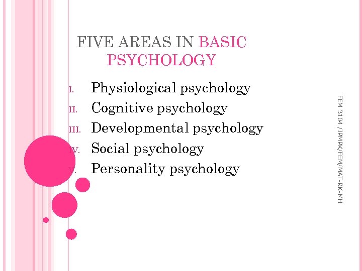 FIVE AREAS IN BASIC PSYCHOLOGY I. III. IV. V. FEM 3104 /JPMPK/FEM/MAT-RK-MH II. Physiological