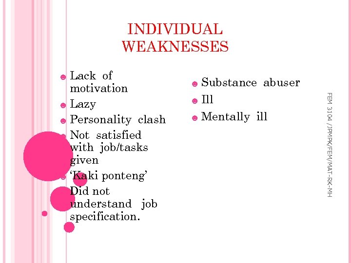 INDIVIDUAL WEAKNESSES ☻ Lack ☻ Substance abuser ☻ Ill ☻ Mentally ill FEM 3104