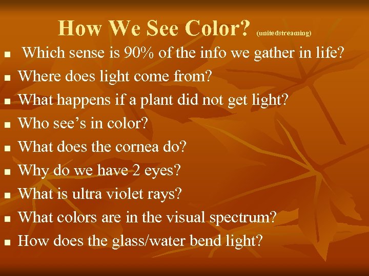 How We See Color? n n n n n (unitedstreaming) Which sense is 90%