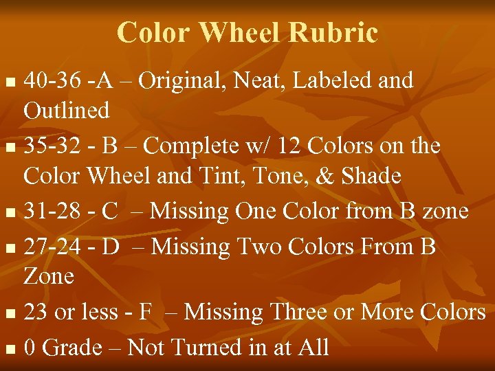 Color Wheel Rubric 40 -36 -A – Original, Neat, Labeled and Outlined n 35