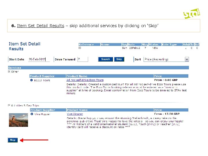 6. Item Set Detail Results – skip additional services by clicking on ‘Skip’ 