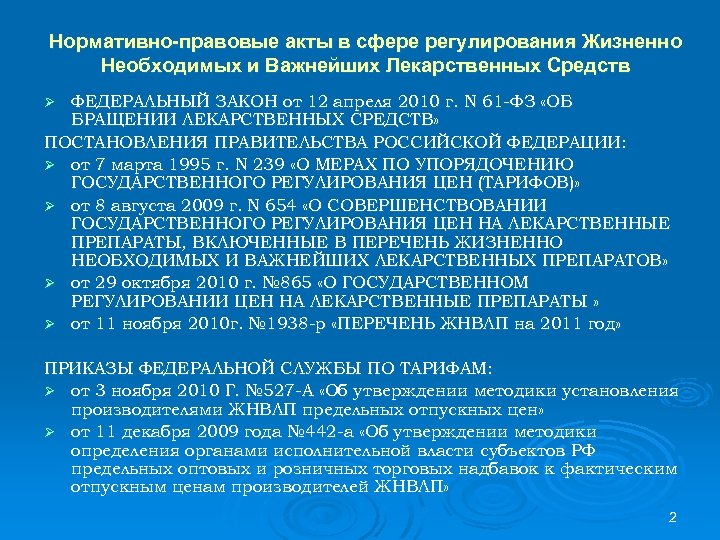 Нормативно-правовые акты в сфере регулирования Жизненно Необходимых и Важнейших Лекарственных Средств ФЕДЕРАЛЬНЫЙ ЗАКОН от