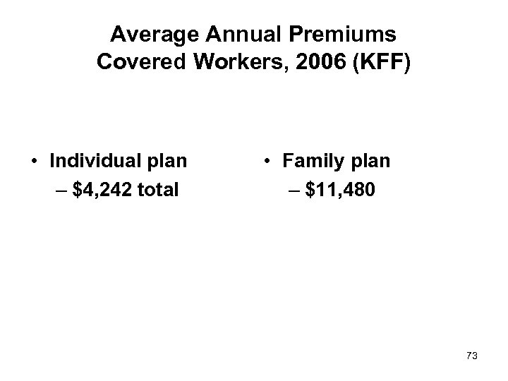 Average Annual Premiums Covered Workers, 2006 (KFF) • Individual plan – $4, 242 total