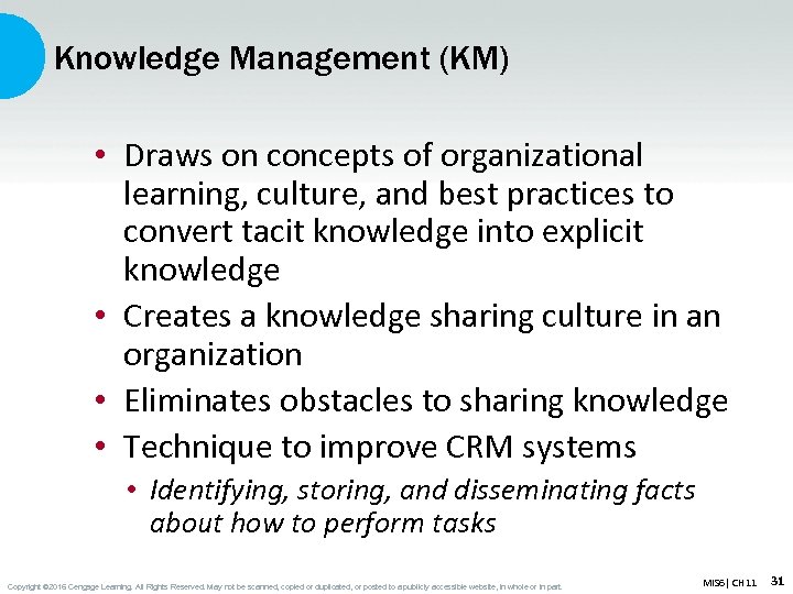 Knowledge Management (KM) • Draws on concepts of organizational learning, culture, and best practices