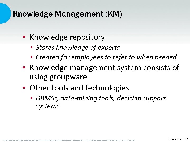 Knowledge Management (KM) • Knowledge repository • Stores knowledge of experts • Created for