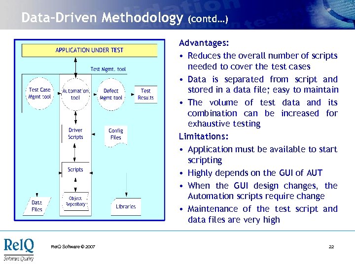 Data-Driven Methodology (contd…) Advantages: • Reduces the overall number of scripts needed to cover