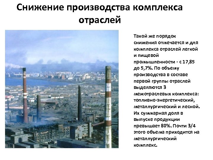 Снижение производства комплекса отраслей Такой же порядок снижения отмечается и для комплекса отраслей легкой