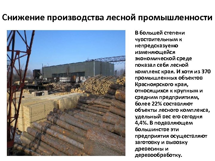 Снижение производства лесной промышленности В большей степени чувствительным к непредсказуемо изменяющейся экономической среде показал