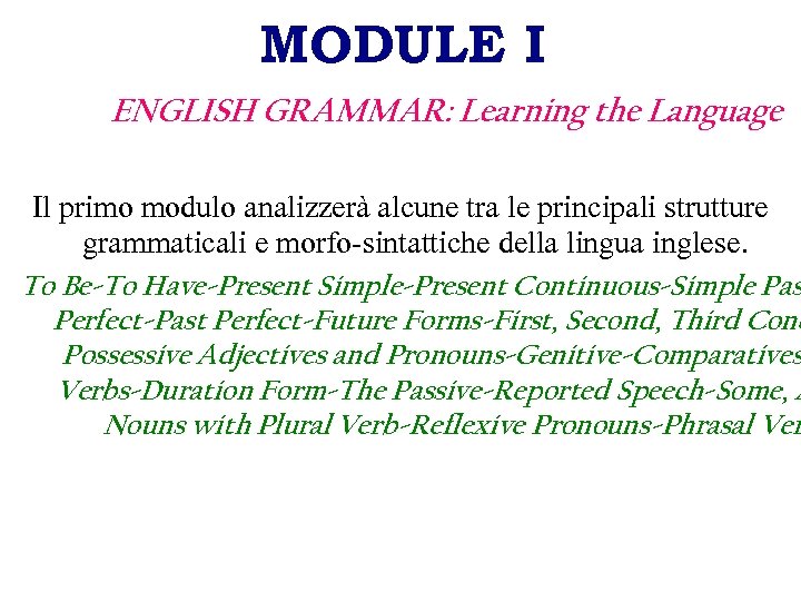 MODULE I ENGLISH GRAMMAR: Learning the Language Il primo modulo analizzerà alcune tra le