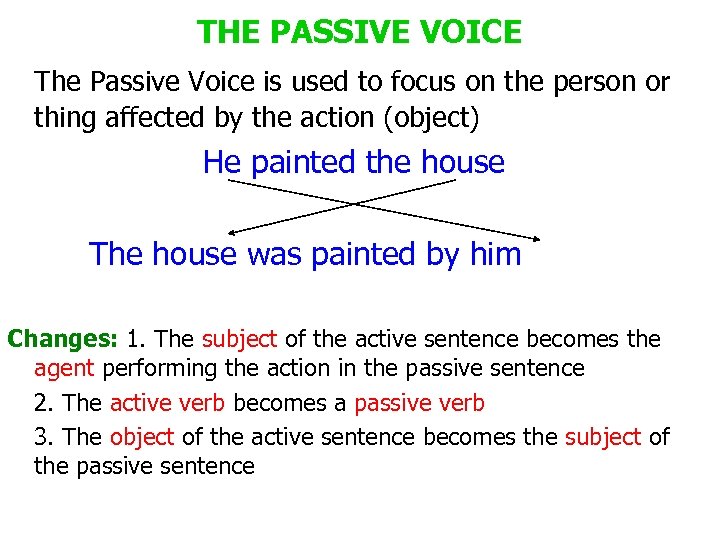 THE PASSIVE VOICE The Passive Voice is used to focus on the person or