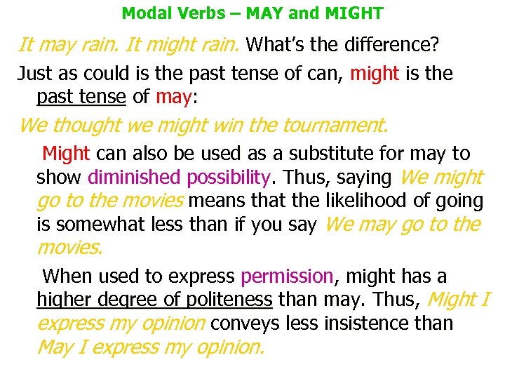 Modal Verbs – MAY and MIGHT It may rain. It might rain. What’s the