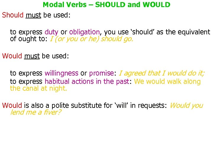 Modal Verbs – SHOULD and WOULD Should must be used: to express duty or