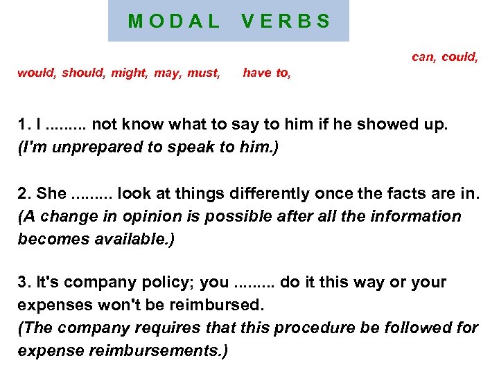 M O D A L V E R B S Fill in the blanks