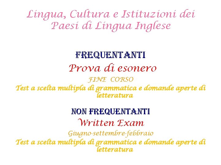 Lingua, Cultura e Istituzioni dei Paesi di Lingua Inglese FREQUENTANTI Prova di esonero FINE