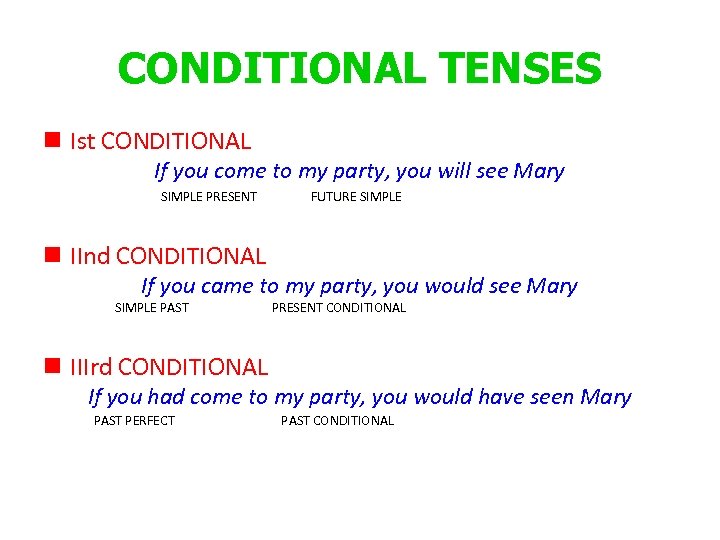 CONDITIONAL TENSES n Ist CONDITIONAL If you come to my party, you will see