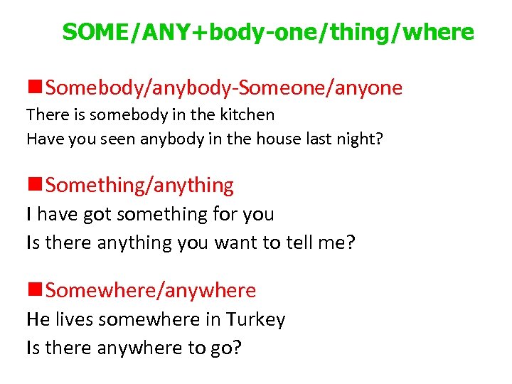 SOME/ANY+body-one/thing/where n Somebody/anybody-Someone/anyone There is somebody in the kitchen Have you seen anybody in