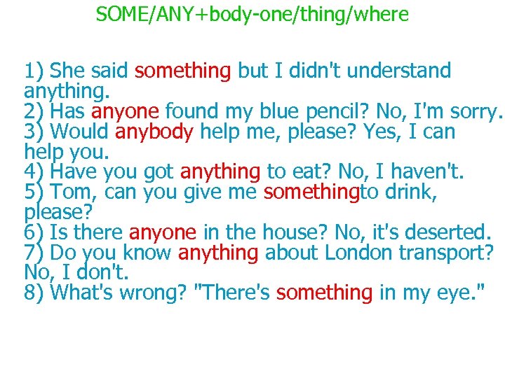 SOME/ANY+body-one/thing/where 1) She said something but I didn't understand anything. 2) Has anyone found